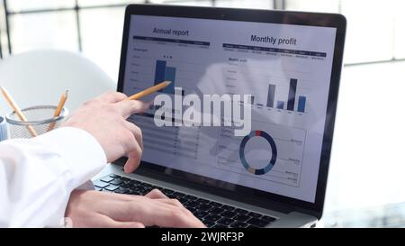 Working on a laptop checking the report for the year Stock Photo
