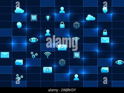 Abstract technology background Table that includes technology icons The technology concept was developed to help meet the needs of users in terms of w Stock Vector