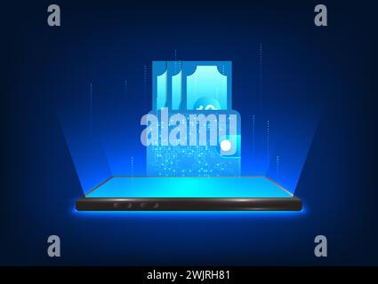 Smartphone technology that projects a hologram image of your wallet Concept of using wallet in e-wallet form via mobile phone. Both payment of goods, Stock Vector