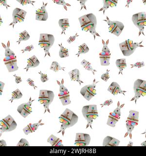 pattern white rabbit near a bucket with easter eggs Stock Photo