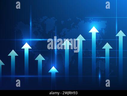 Technology background with many arrows rising towards the world map. with a sparkle A global concept where technology is rapidly evolving to allow bus Stock Vector
