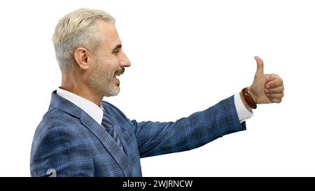 A man, close-up, on a white background, shows his thumbs up Stock Photo