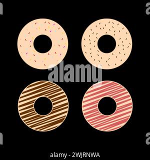 Donut with chocolate and sprinkles. Donut vector set isolated on a black background. Stock Vector
