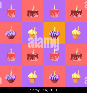 Seamless pattern of with Happy Birthdays cakes tarts pies muffins Hand drawn sweet bakery products style on the white background isolated cartoon desserts Vector illustration Stock Vector