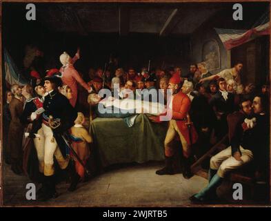 Robespierre extended to the table of the Committee of Public Safety, on 9 Thermidor year II (July 27, 1794) '. Paris, Carnavalet museum. 36750-3 Bandage, injure, public salvation committee, convention, extension, French politician, French revolution, head band, table Stock Photo