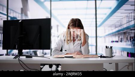 Upset Doctor Woman Holding Cardboard With Help Text In Office Stock Photo