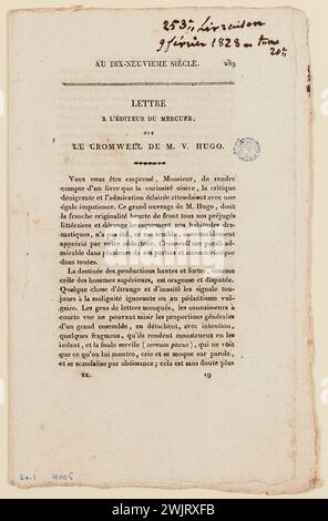 Letter to the Mercury editor on the Cromwelle by M. V. Hugo. Le Mercure de France, February 9, 1828 (dummy title), 1828-02-09. Ink on paper. Houses of Victor Hugo Paris - Guernsey. Stock Photo