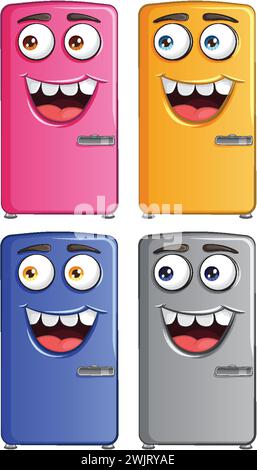 Four cheerful refrigerators with vibrant personalities Stock Vector