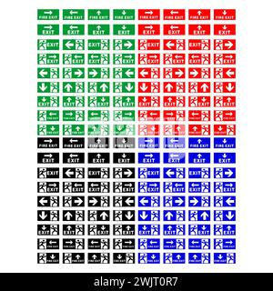 Set Icon Emergency exit sign set. Man running out fire exit. Running man and exit door sign. Escape help evacuation. Safety vector symbol. Fire action Stock Vector