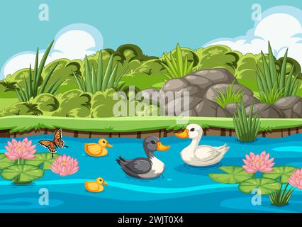 Vector illustration of ducks in a serene pond setting. Stock Vector