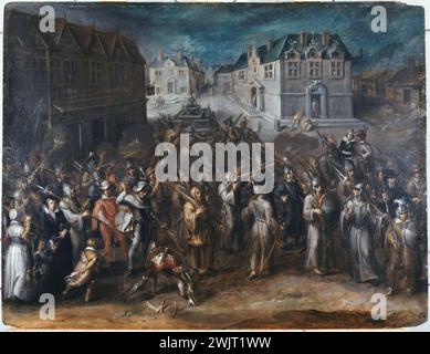 Attributed to Joos Van Winghe (1544-1603). 'Ligue procession, in 1590 or 1593'. Oil on wood. Paris, Carnavalet museum. 74593-12 Arcade, amendment king France, cortege, Catholic faith, oil on wood, league, opposition, place of Greve, going out, procession Stock Photo