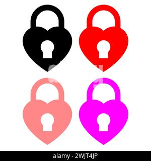 Heart lock icon closed. Flat vector stock illustration. Heart shaped padlock. Black isolated icon of locked heart shape lock on white background. Silh Stock Vector