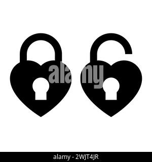 Heart lock and unlock icon closed. Flat vector stock illustration. Heart shaped padlock. Black isolated icon of locked and unlocked heart on white bac Stock Vector