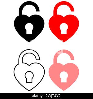 Heart unlock icon open. Flat vector stock illustration. Heart shaped padlock. Black isolated icon of unlocked heart shape unlock on white background. Stock Vector
