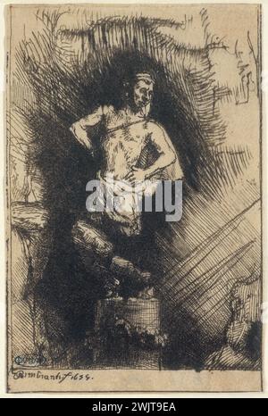 Harmensz van Rijn Rembrandt (1606-1669). 'The statue of Nabuchodonosor, 2nd state: illustration for the footra gloriosa, 1655. Museum of Fine Arts of the city of Paris, Petit Palais. 27021-9 Old will, bible, colossus, clay foot, Babylon king, statue Stock Photo