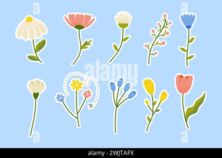 stickers spring flowers on a blue background with outlining, tulip, daisy and others. vector Stock Vector