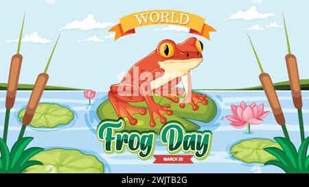 Colorful frog on lily pad with World Frog Day banner Stock Vector