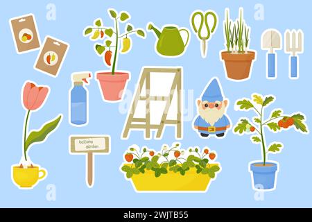 Stickers spring gardening, planting plants, on blue background with stroke. vector Stock Vector
