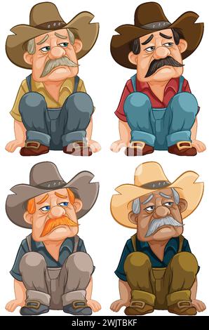 Vector illustrations of a cowboy with varying expressions. Stock Vector