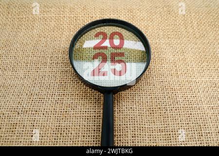 Magnifying glass and targets 2025. Concept of new year 2025, beginning of success, challenge or career path, change, planning, goals, challenges and n Stock Photo