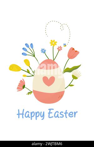 happy easter, easter egg on white background with flowers, decor for your card, greetings. vector Stock Vector