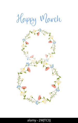 March 8, floral number and caption for your card, congratulations. vector  on white background Stock Vector