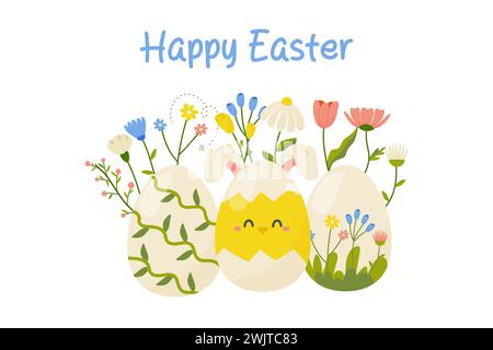 happy easter, easter egg on white background with flowers, decor for your card, greetings. vector Stock Vector
