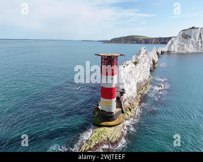 The Needles lighthouse Isle of Wight closeup   drone , aerial , view from air Stock Photo