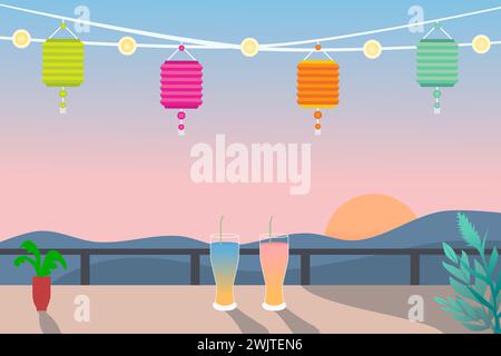 Mid Autumn Festival Chinese and Korean festival. Chuseok, mid autumn Korea festival. Vector banner, background and poster. Lantern and drink. Stock Vector