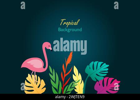 Tropical vector background with colorful leaves and pink flamingo. Abstract foliage and botanical background. Stock Vector