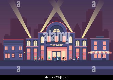 Movie theater or Cinema building on night scene background. Building exterior view in flat style vector illustration. Stock Vector