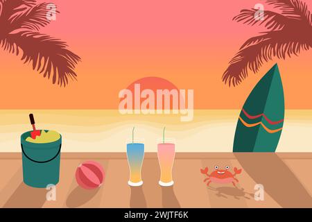 Beautiful sunset in summer at the beach with surf board and drinks. illustration vector. Seascape sunset. Stock Vector