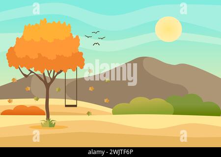 Autumn landscape with a tree and swing, mountains, fields, leaves. Countryside landscape. Autumn background. Vector illustration Stock Vector