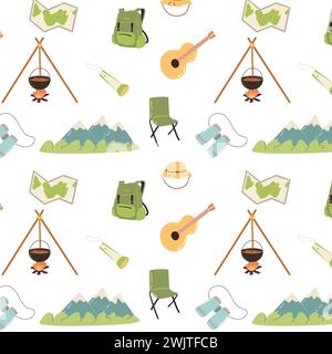 Hand drawn hiking and travel elements seamless pattern. Vector illustration can used for textile, wrapping paper, kids room wallpaper.  Stock Vector