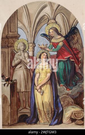 Achille Deveria (1800-1857). 'Stained glass project on Marie d'Orléans, early 19th century'. Paris, Museum of Romantic Life. 34833-2 Angel, crown, crown, project, saint, stained glass Stock Photo