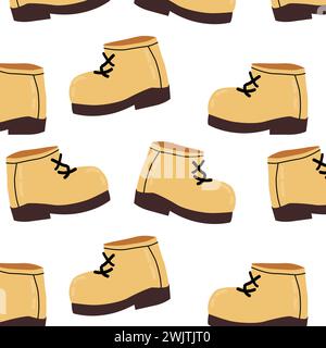 Cute cartoon hiking boots pattern for t-shirt design. Vector illustration of footwear for camping icolated.  Stock Vector