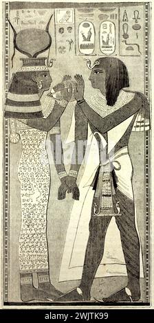 Old reproduction of bas-relief kept in Louvre museum, from Seti I tomb. By unknown author, published on magasin Pittoresque, Paris, 1852 Stock Photo