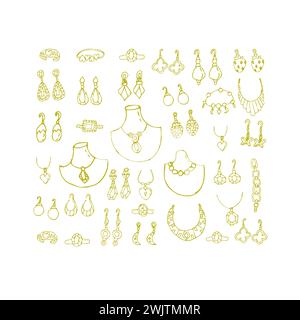 Hand drawn jewerly of pendants, diamond ring - square set. Vector illustration isolated. Can used for greeting card, beauty banner, posters, clothes print.  Stock Vector