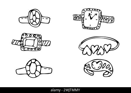 Hand drawn jewerly ring and watch set. Vector illustration isolated. Can used for greeting card, beauty banner, posters, clothes print. Sketch style.  Stock Vector