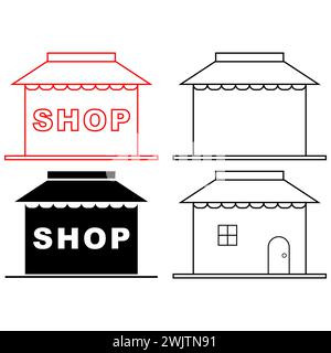 House icon illustration. Store building design. Store icons set. Shopping icon set. Online shopping, store. Black icons vector collection. Stock Vector