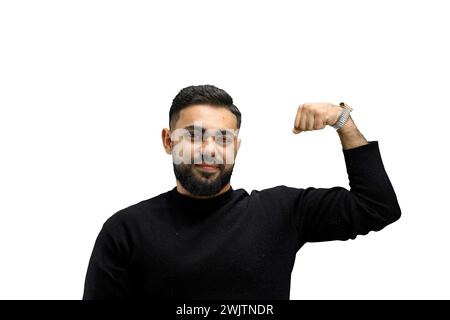 Man, close-up, on a white background, shows strength Stock Photo
