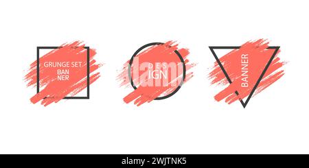 Set of grunge coral color stripes.Brush strokes vector.Textured labels, long banners.Design elements. Stock Vector