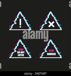Danger signs ,Glitched attention .Symbols of warning of danger, hackers, viruses on the computer.Vector Illustration. Stock Vector