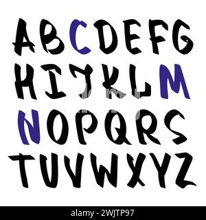 Vector hand drawn grunge alphabet with capital letters. Ink drawn font with dry brush strokes. Isolated rough tilted uppercase letters for design. Stock Vector