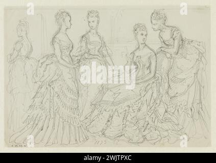 Anaïs Toudouze (1822-1899). 'Women in ball outfit'. On the left, pouffe dress, garnished with pleated flying, skirt with large sides. Lead mine, white paper. 1873. Galliera, fashion museum of the city of Paris. 37825-1 Drawing, Woman, Group, Large Pan Skirt, Lead Mine, Pouf Dress, Second Empire, evening, Ball outfit, Fly Fly Stock Photo