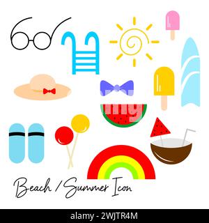 Cute summer holiday beach elements set for sticker. Icons, signs and banners. Bright summertime poster. Collection elements for summer holiday and par Stock Vector