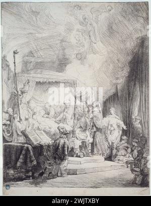 Harmenszoon van Rijn Rembrandt (1606-1669). 'The death of the Virgin' 1639, engraving. Museum of Fine Arts of the City of Paris, Petit Palais. 27006-10 Accompanies children jesus, alitee, appearance angel, catholic, bedside, chretian chretian, deces, surrounds, grave print, large, read holy writing, balldoquin bed, mother jesus, death, die, new testament, first state, holy, biblical scene , Virgin Mary, engraving Stock Photo