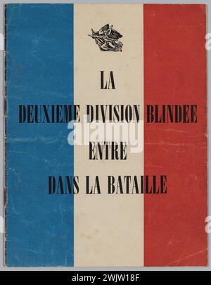 Anonymous (n. - d.), The second armored division enters the battle (registered title (letter)), 1945. Museum of the Liberation of Paris - Museum of General Leclerc - Musée Jean Moulin. The first and fourth cover are in the colors of the French flag with a stylized reproduction of the Marseillaise of François Rude. Stock Photo