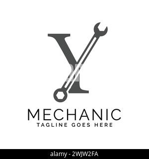 letter Y logo with wrench. Alphabet Y Spanner logo design Stock Vector