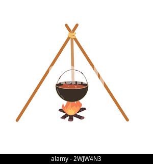 hiking pan or pot on fire icon illustration for adventure design. Vector illustration can used for camping travel card, banner, postcard, poster.  Stock Vector